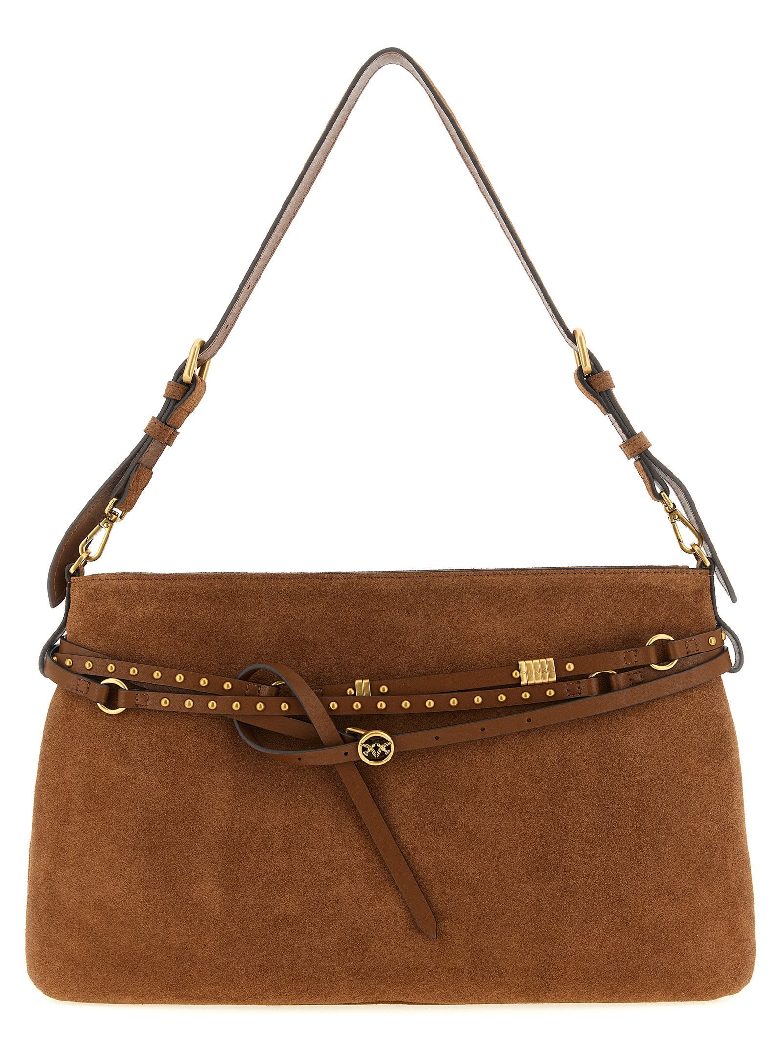 Pinko Suede Belt-Detailed Shoulder Bag — Tan