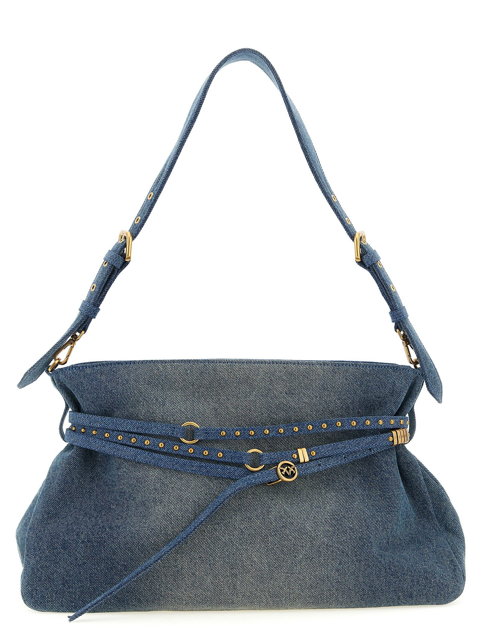 Pinko Studded Denim Shoulder Bag — Blue