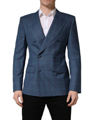 Blue Checked Double Breasted Men Suit Jacket Virgin Wool
