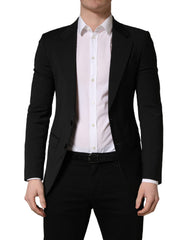 Black Polyester 2 Buttons Men Suit Jacket Elastane Wool