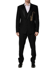 Men's Black Wool Silk Saxophone Slim Fit 3pc Suit Virgin Polyester