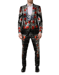 Men's Black Floral 2 Buttons Formal 3 Piece Suit Silk