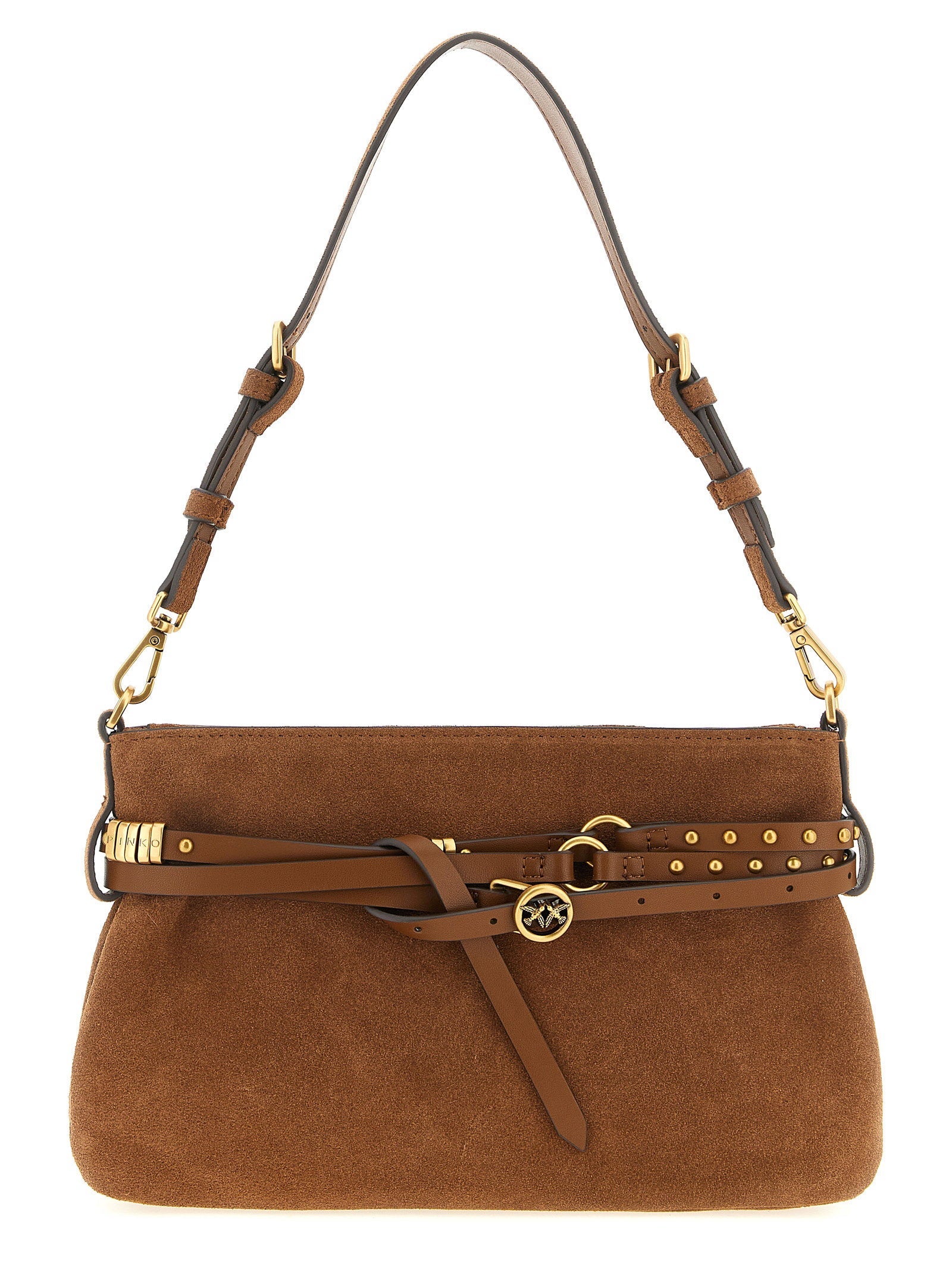 Pinko Suede with Studded Belt Shoulder Bag — Caramel