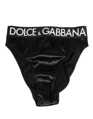 Black Satin High-Waist Brief Logo Women Underwear Elastane Silk Clothing