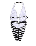 Women's Black White Zebra Deep V-Neck One Piece Swimwear And Elastane Nylon Clothing