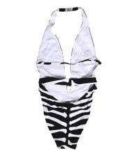 Women's Black White Zebra Deep V-Neck One Piece Swimwear And Elastane Nylon Clothing