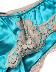 Women's Blue Silk Satin Floral Lace Panty Brief Underwear Elastane Cotton Clothing