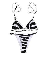 Women's Black White Zebra Bikini Top Bottom Swimwear And Elastane Nylon