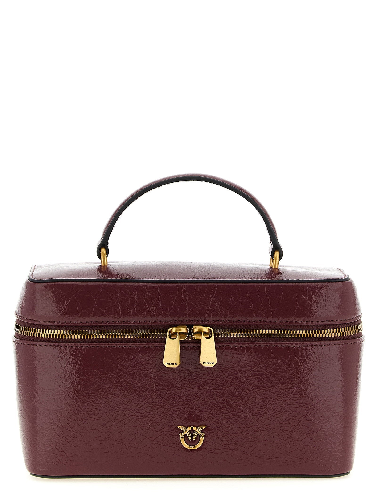 Pinko Crumpled Leather Vanity Top Handle Bag — Burgundy