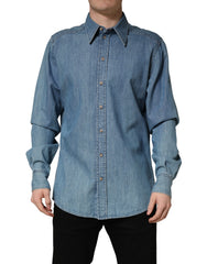 Men's Blue Cotton Stretch Casual Denim Slim Shirt Elastane