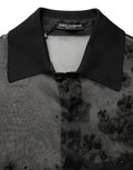 Men's Black Floral Applique Sheer Short Sleeve Shirt Silk