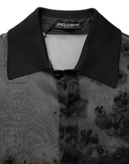 Men's Black Floral Applique Sheer Short Sleeve Shirt Silk