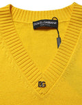 Men's Wool Knitted V-Neck Pullover Yellow Polyester Virgin Clothing