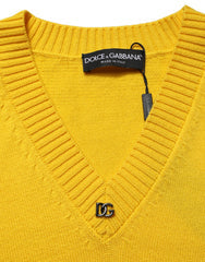 Men's Wool Knitted V-Neck Pullover Yellow Polyester Virgin Clothing