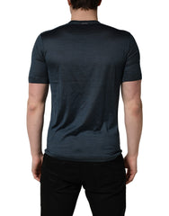 Men's Dark Blue Silk Crew Neck Short Sleeve T-Shirt