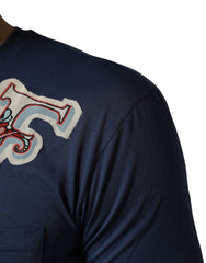 Men's Navy Blue Cotton Graphic Crew Neck T-Shirt Silk