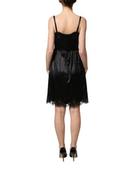 Women's Black Silk Satin Lace Sleeveless Mini Dress Cotton Elastane Nylon