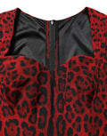 Women's Red Leopard Print Sheath Long Sleeve Dress Silk