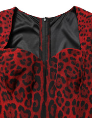 Women's Red Leopard Print Sheath Long Sleeve Dress Silk
