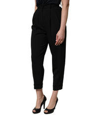 Women's High-Waist Wool Cropped Trousers Black Virgin Elastane