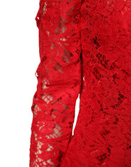 Women's Red Lace Floral Embroidery Long Sleeves Top Cotton Viscose Nylon
