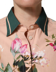 Women's Pink Floral Cotton Button Front Shirt Top