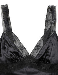 Women's Black Silk Lace Trim Camisole V-Neckline Tank Top