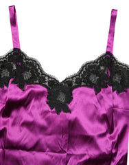 Women's Purple Silk Lace Trim Camisole Sleeveless Tank Top And Black Cotton Elastane Nylon