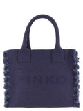 Pinko Cotton Canvas with Frayed Edges Shoulder Bag — Navy