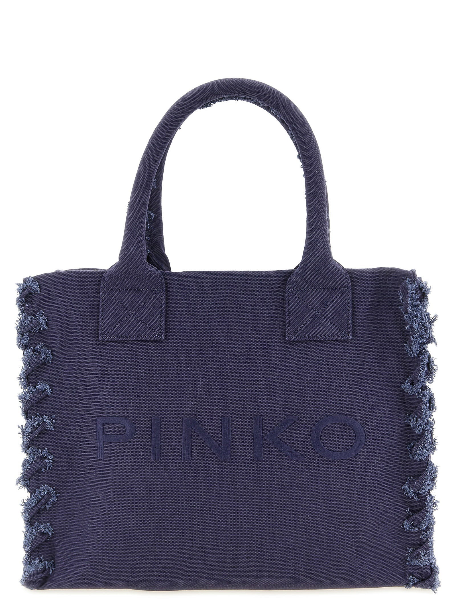 Pinko Cotton Canvas with Frayed Edges Shoulder Bag — Navy