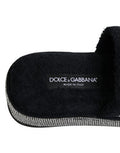 Women's Black Crystal Embellished Platform Slides Shoes Cotton Goat Leather