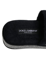 Women's Black Crystal Embellished Platform Slides Shoes Cotton Goat Leather