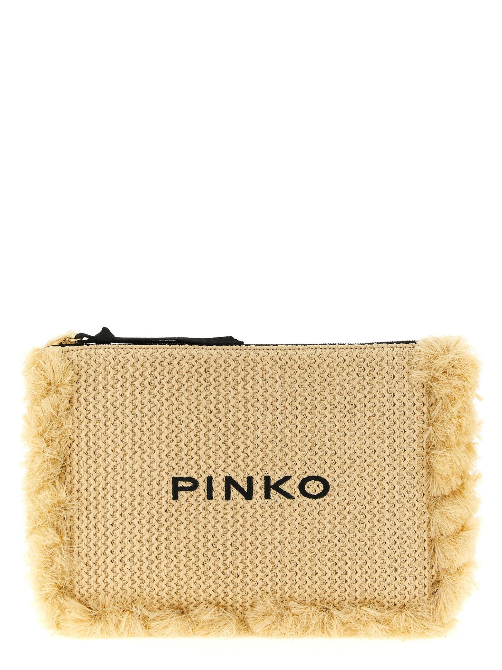 Pinko Raffia-Effect Braided Clutch — Cream