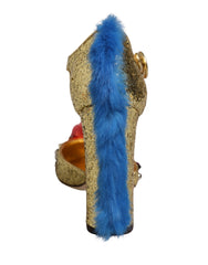Women's Gold Fur Trim Glitter T-Strap Sandals Shoes