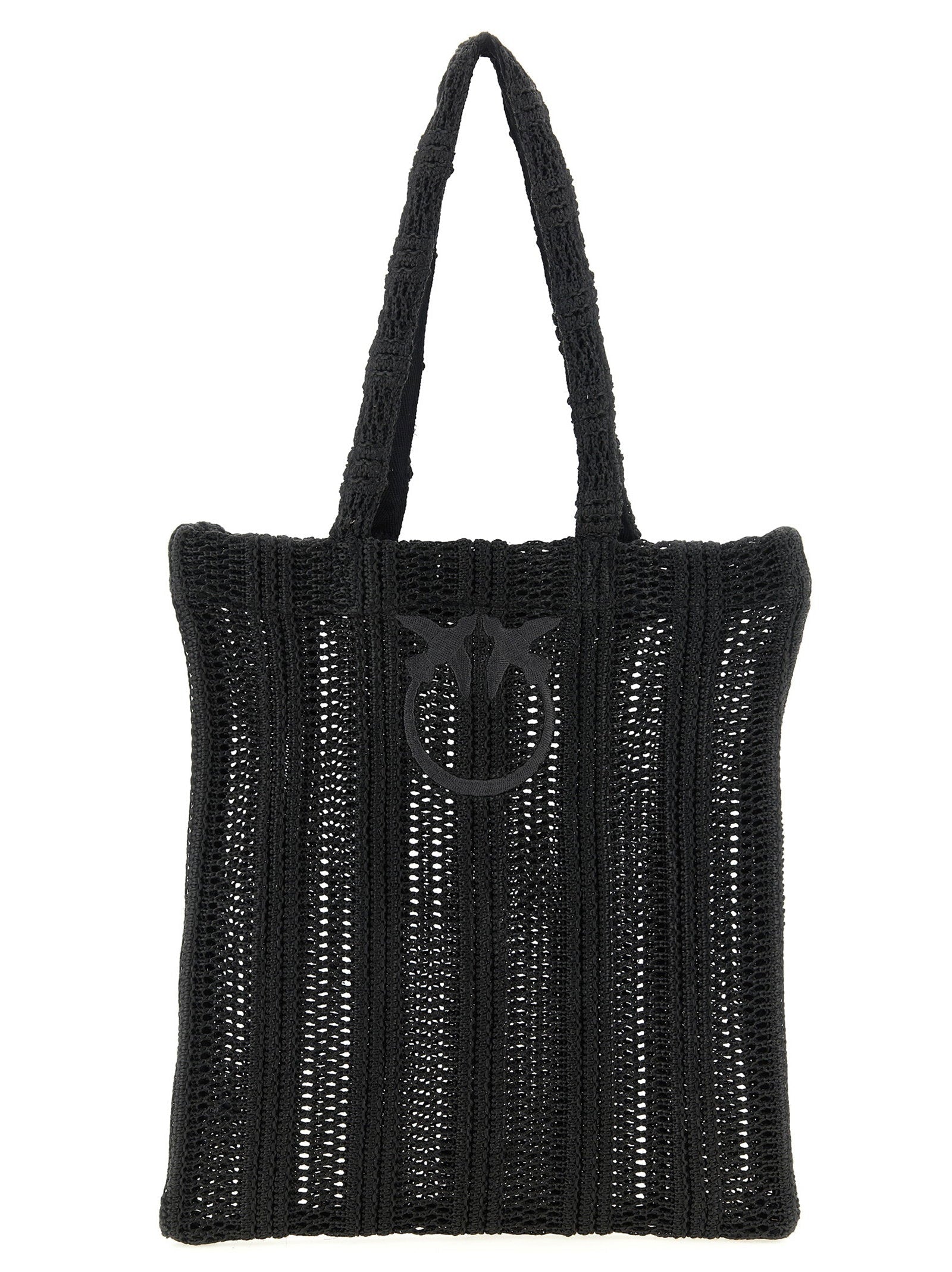 Pinko Perforated Raffia-Effect Tote Bag — Black