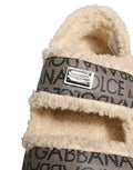 Men's Beige Faux Fur Logo Print Flats Sandals Shoes