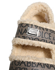 Men's Beige Faux Fur Logo Print Flats Sandals Shoes