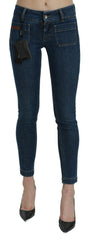 Women's Blue Slim Fit Cropped Mid Waist Denim Jeans Cotton Elastane Stretch Clothing