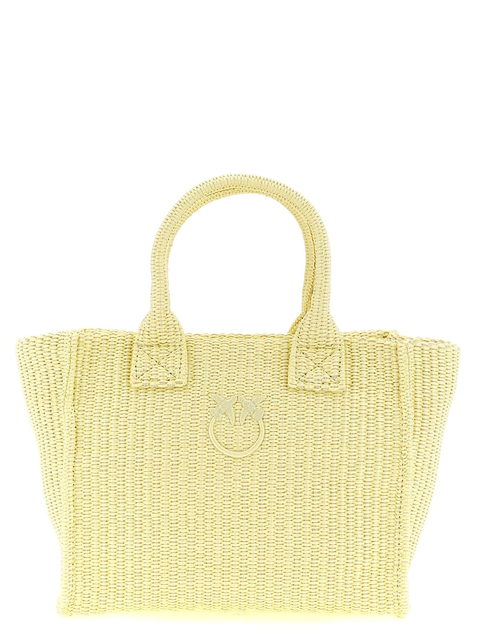 Pinko Woven Raffia with Embroidered Detail Tote Bag — Yellow