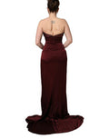 Women's Beaded V-Neck Satin Evening Gown Maroon Acetate Viscose Glass