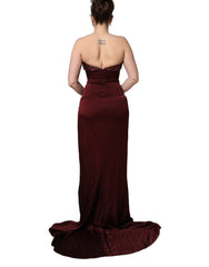 Women's Beaded V-Neck Satin Evening Gown Maroon Acetate Viscose Glass