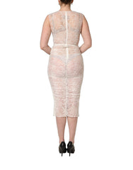Women's White Floral Lace Sheer Sleeveless Midi Dress