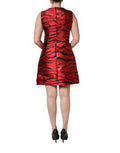 Women's Red Black Tiger Print Jacquard Flared Dress And