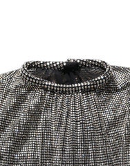 Women's Silver Rhinestones Long Sleeves Bodysuit Mini Dress Cotton Nylon Elastane