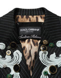 Women's Black Stripe Double-Breasted Blazer Jacket Elastane Virgin Wool Clothing