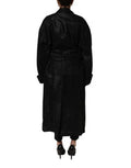 Women's Black Belted Sheepskin Trench Coat Jacket Leather Clothing