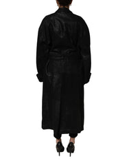 Women's Black Belted Sheepskin Trench Coat Jacket Leather Clothing