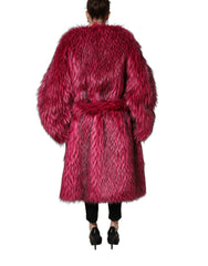 Women's Fuchsia Belted Faux-Fur Trench Coat Jacket Modacrylic Acrylic Polyester Clothing