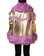 Women's Pink Plush Faux Fur Gold Leather Coat Jacket Modacrylic Acrylic Polyester Clothing