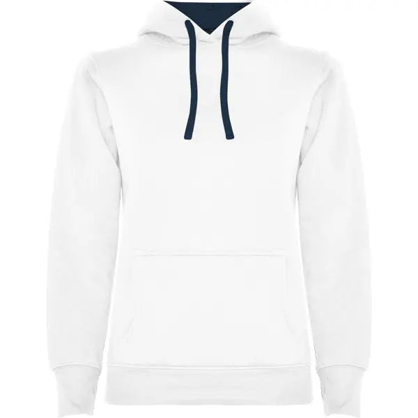 Sudadera entallada de corte femenino con capucha bicolor de doble tejido, con cordón contrastado ajustable, cubrecosturas en el cuello y bolsillo